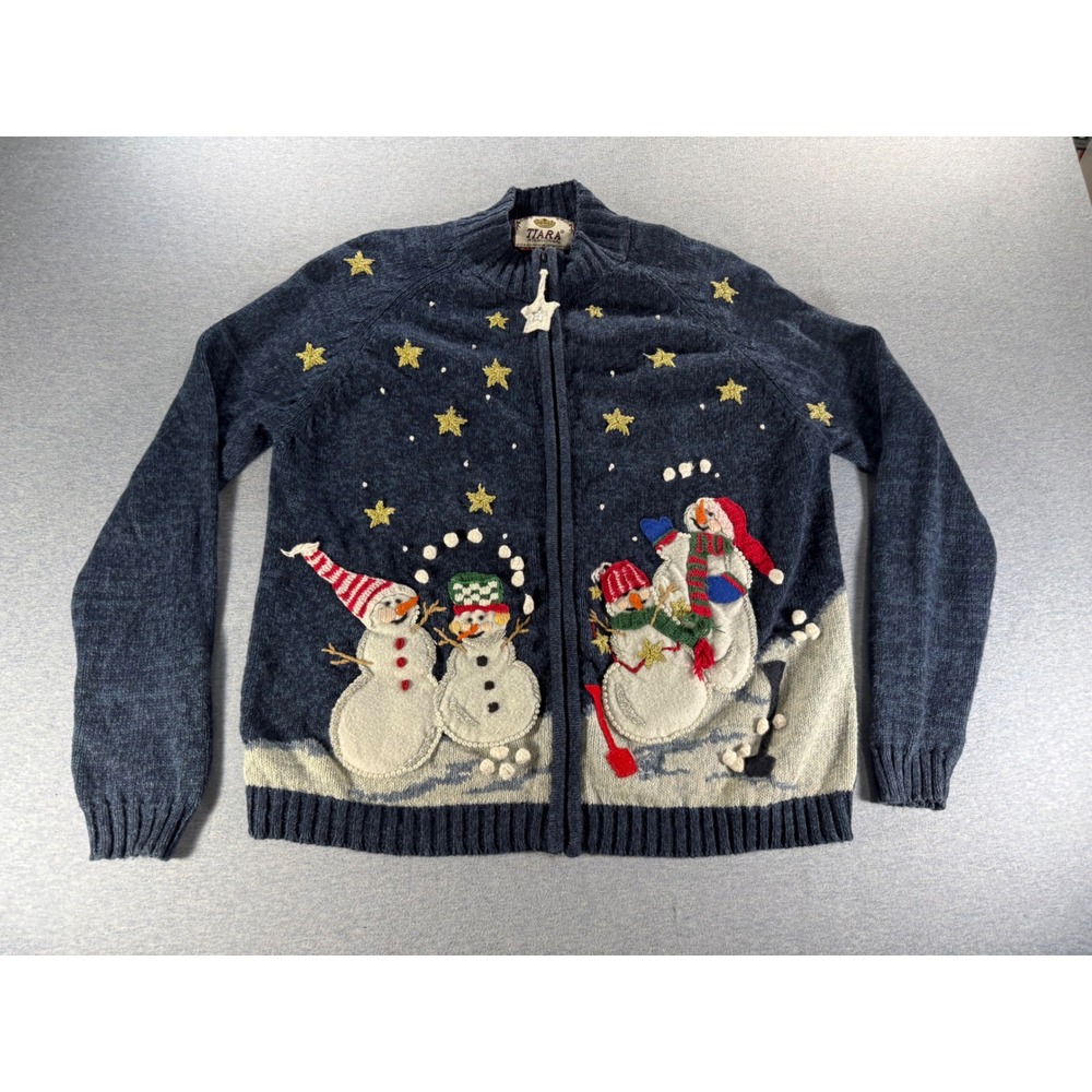 Tiara International Vintage 2003 Snowman Christmas Zip Up Sweater Navy Blue S